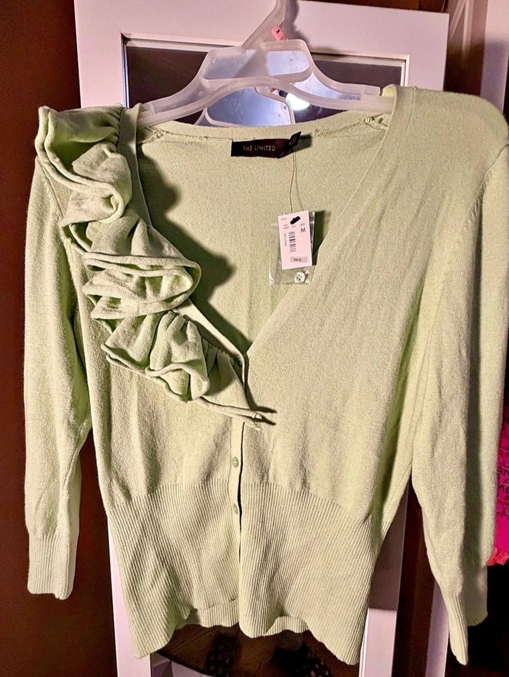 The Limited Ruffle V-Neck Cardigan in Green Size Medium NWT